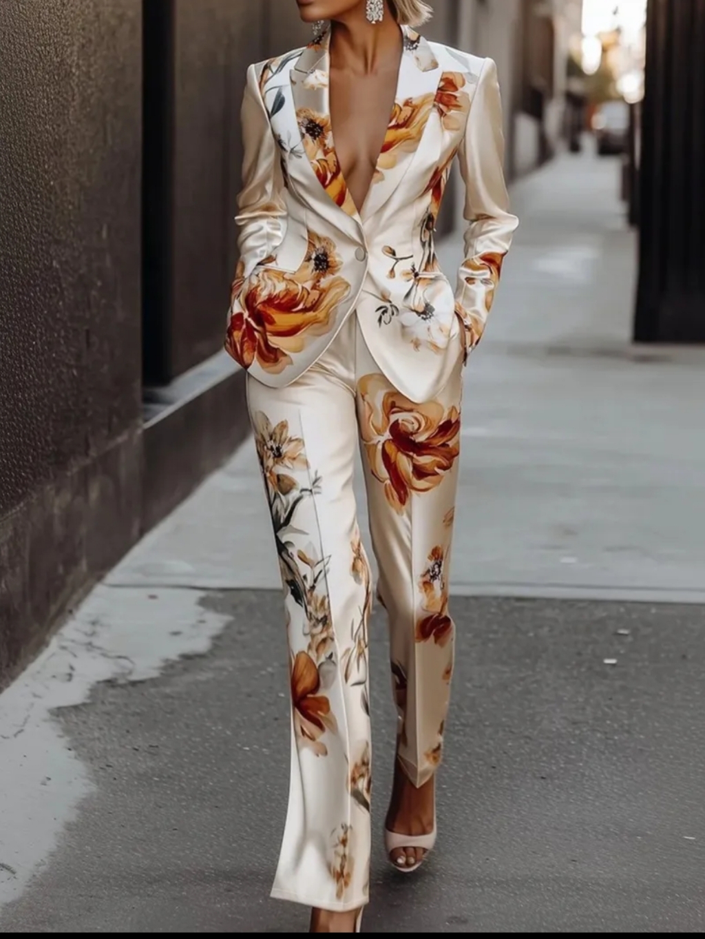 Floral Cream Satin Women's Blazer & Pants Set